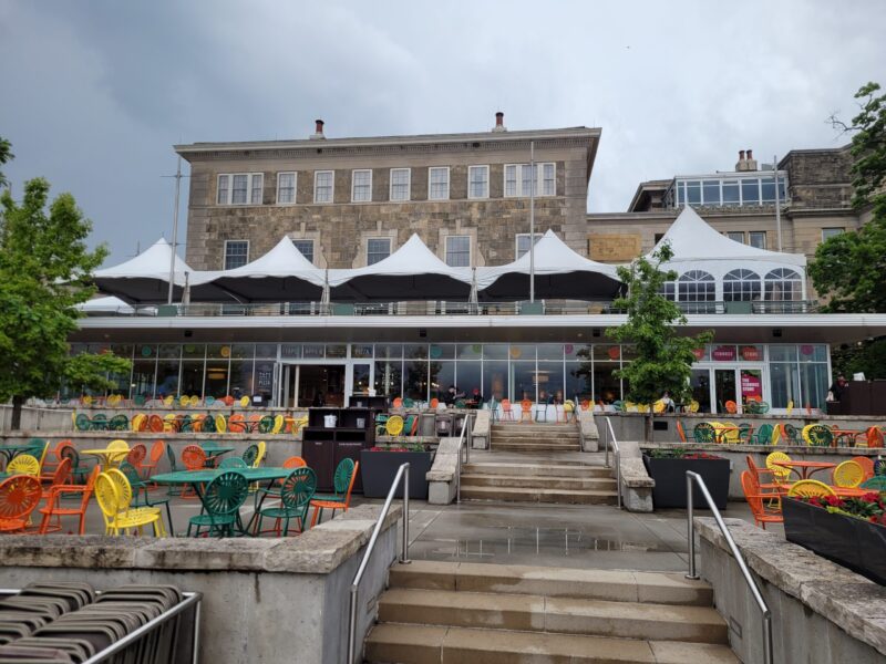 a building with tables and chairs