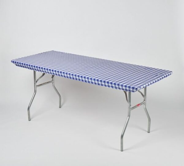 a blue and white checkered table